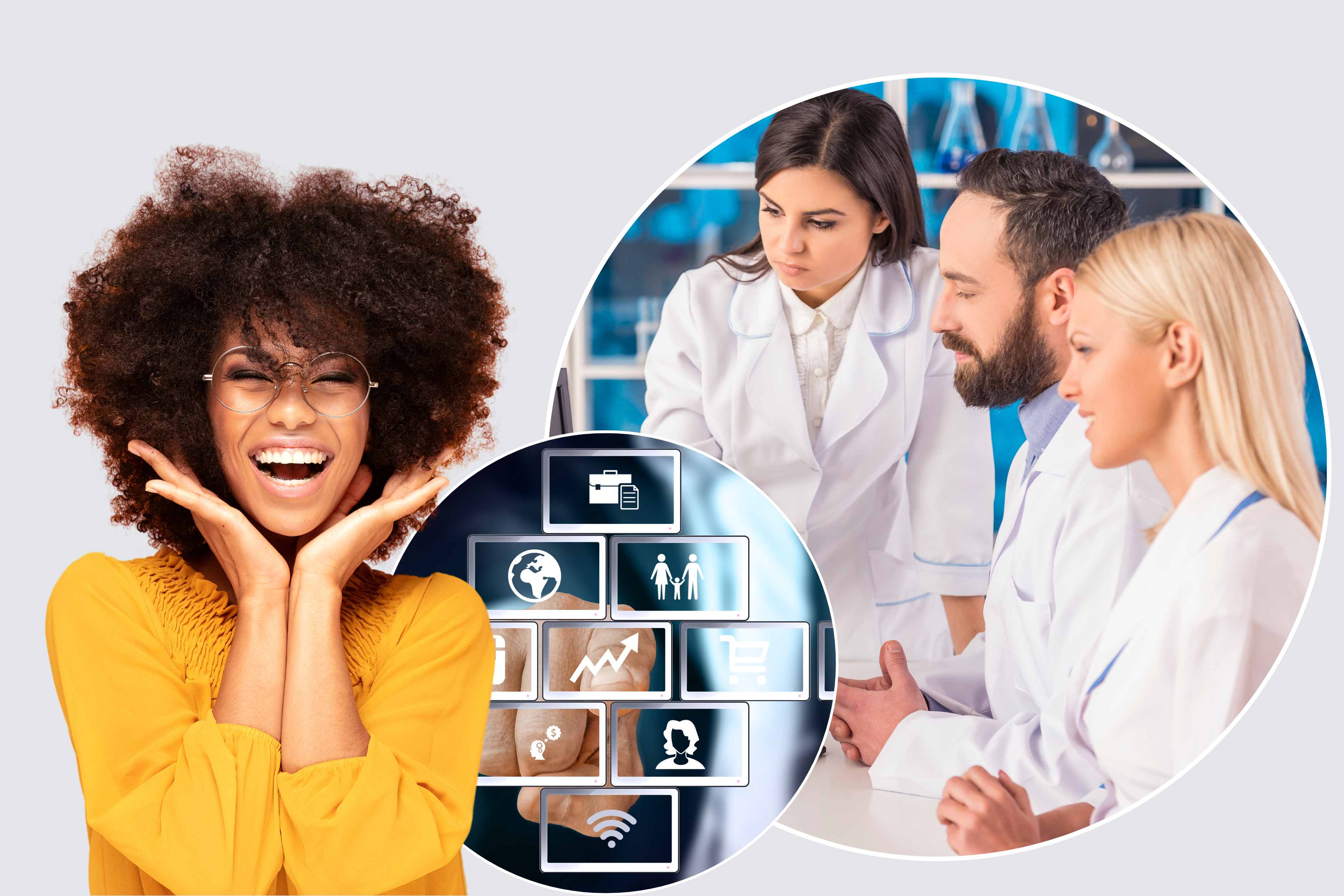Montagem de imagens que simbolizam o LIS, para laboratórios de análises clínicas.