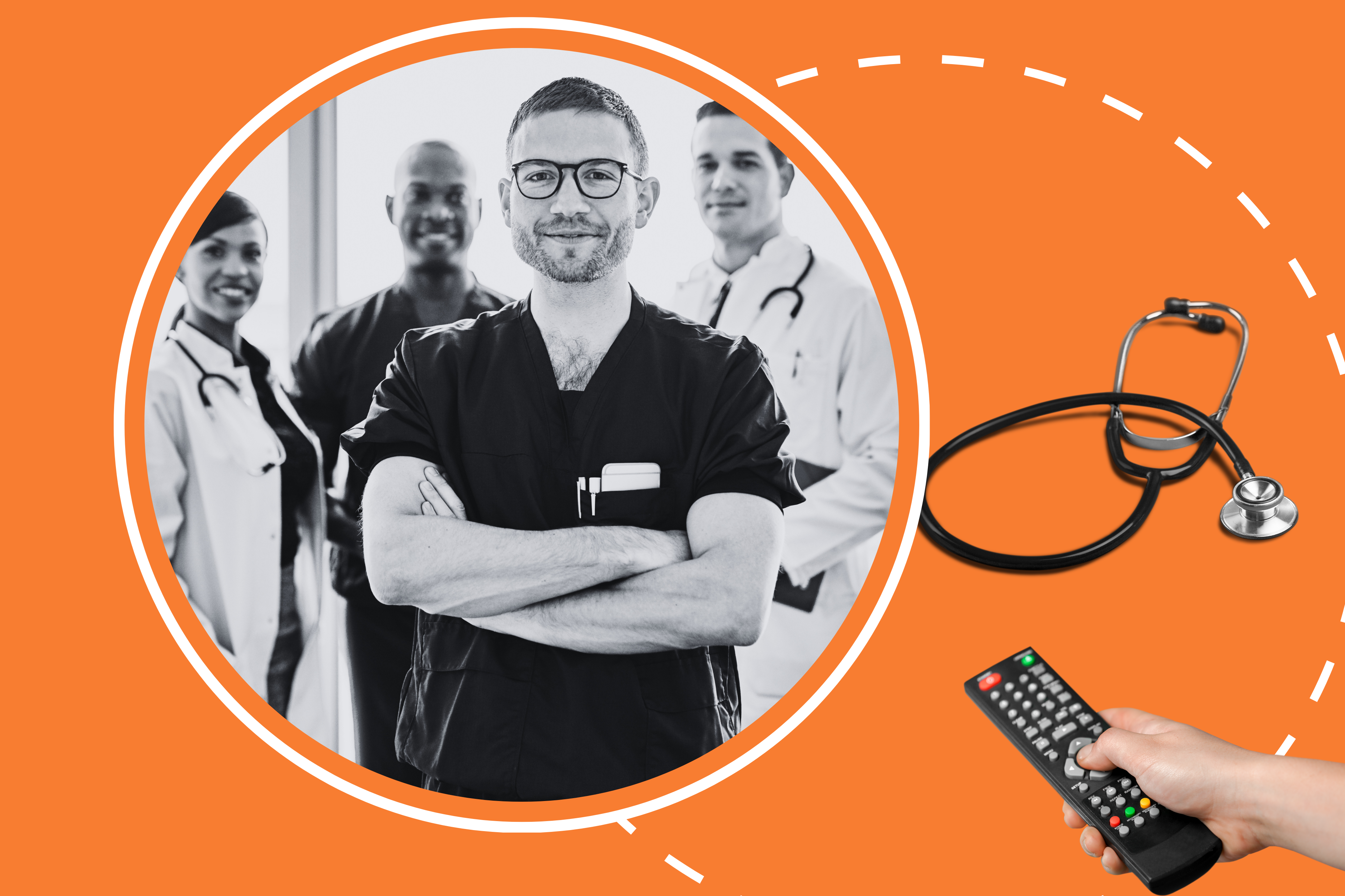 4 médicos posicionados, olhando para a frente, em imagem preto e branco, simbolizando as séries médicas apresentadas.