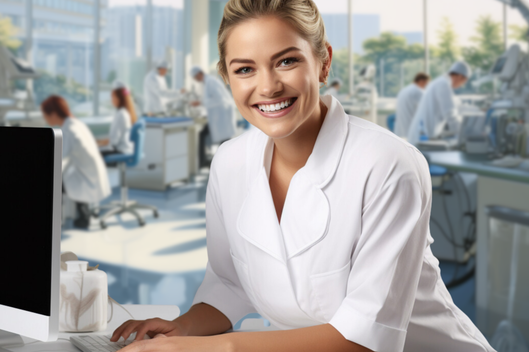 Mulher sorridente com um jaleco branco e em frente a um computador, mexendo e feliz com um bom sistema de interfaceamento laboratorial.