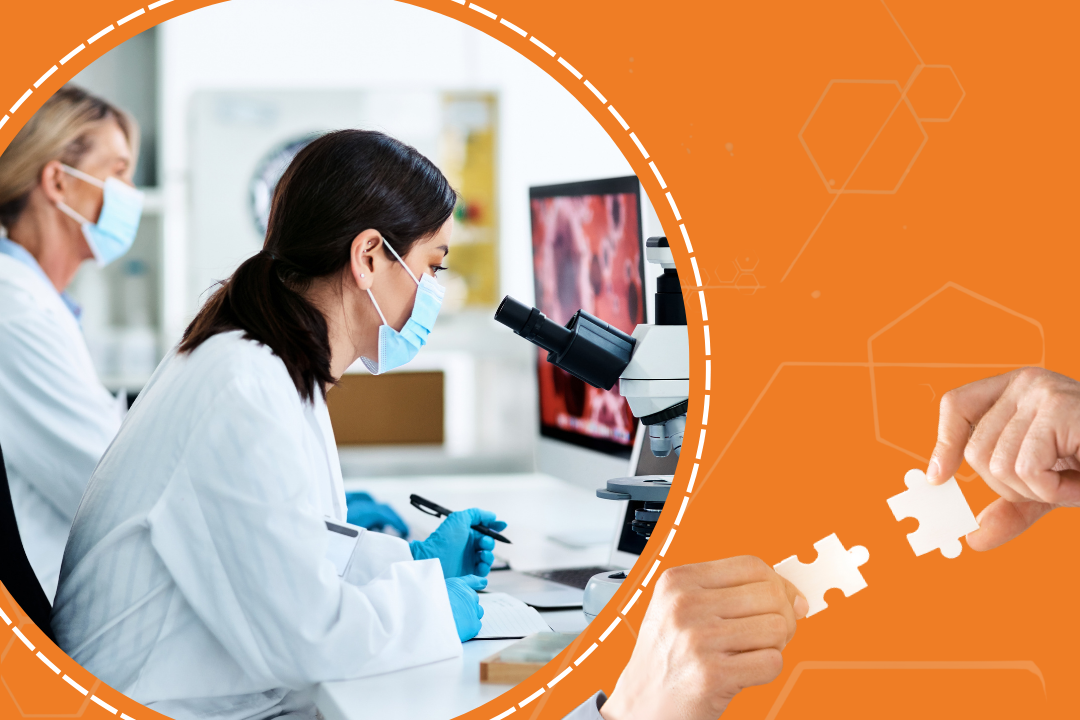 Bioquímicos analisando amostras em um microscópio. No canto direito da imagem, duas mãos seguram peças de quabra-cabeça se encaixando, representando a eficiência e funcionalidades do Matrix Connect.