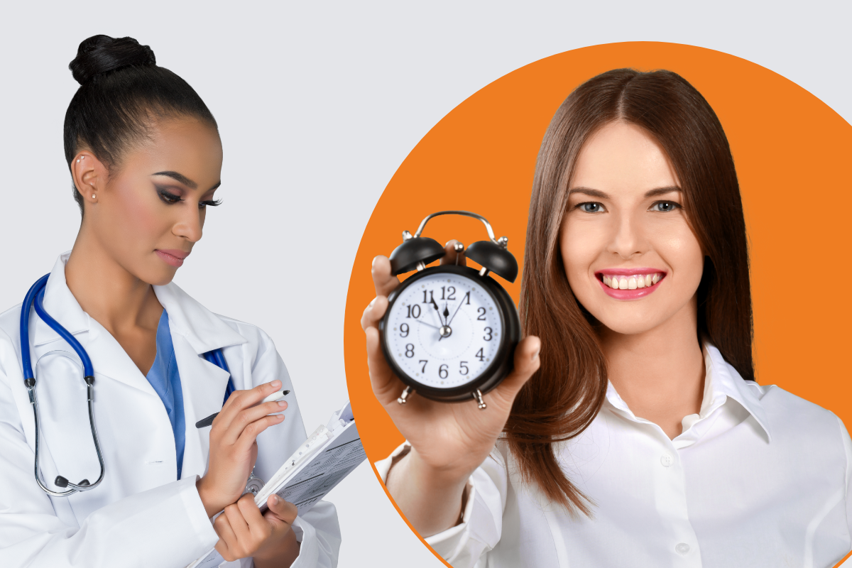 Médica em sua função e uma biomédica segurando um relógio para simbolizar o laboratório hospitalar.