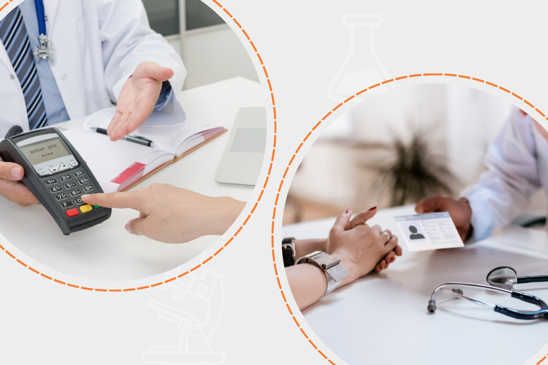 Duas cenas em consultórios de saúde. À esquerda, uma pessoa insere a senha em uma maquininha de cartão, enquanto um profissional de saúde orienta. À direita, outro profissional entrega o documento do paciente; assim, representando os laboratórios públicos e privados.
