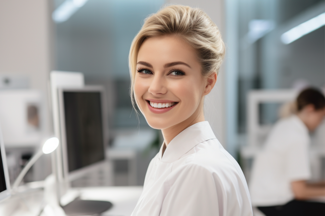 Mulher loira, com os cabelos presos e sorridente em um laboratório de análises clínicas, simbolizando a importância de informatizar o laboratório clinico.