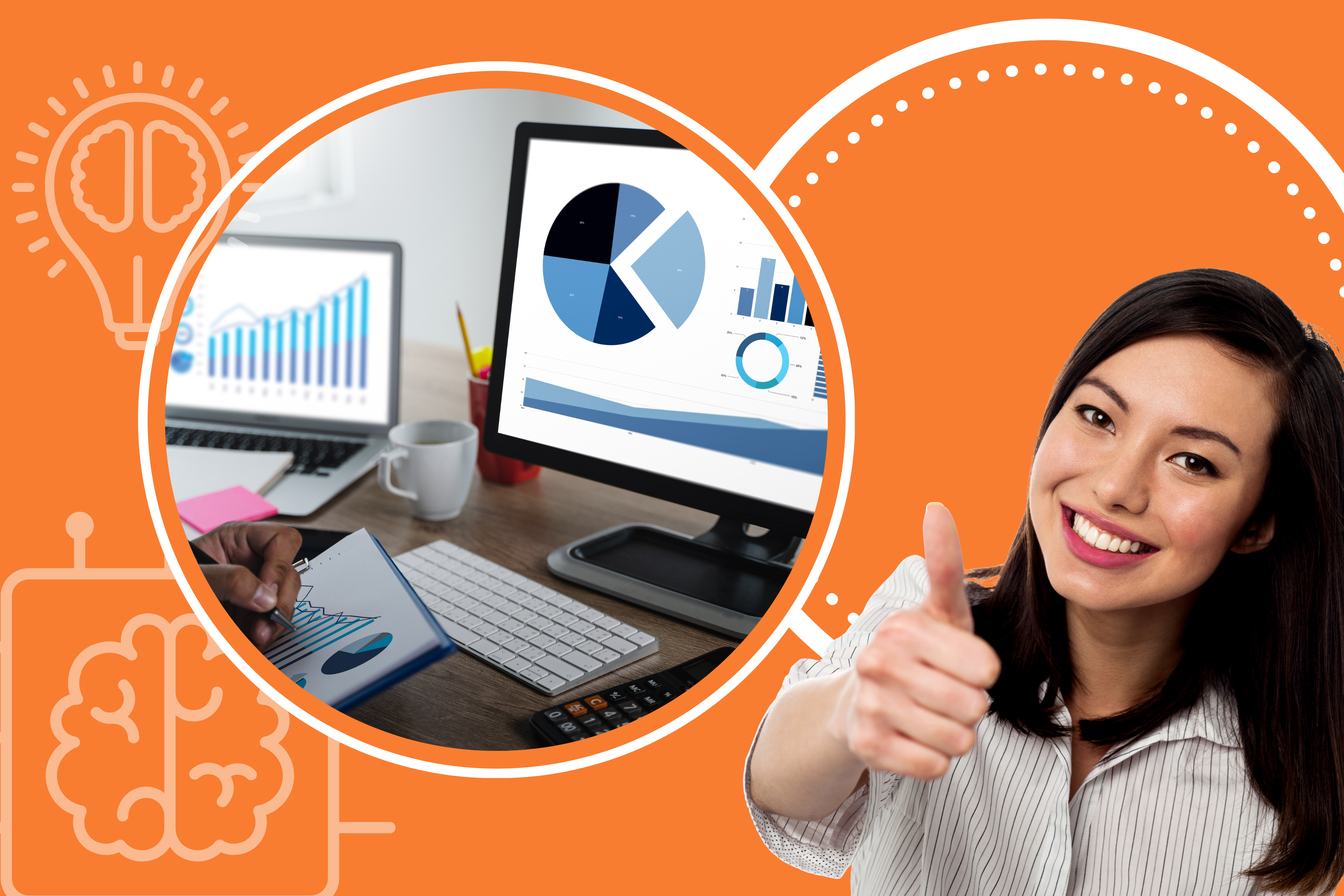 Imagem de uma mulher sorridente e fazendo sinal de "positivo" ao lado de gráficos em um computador, simbolizando a análise de indicadores de um laboratório.