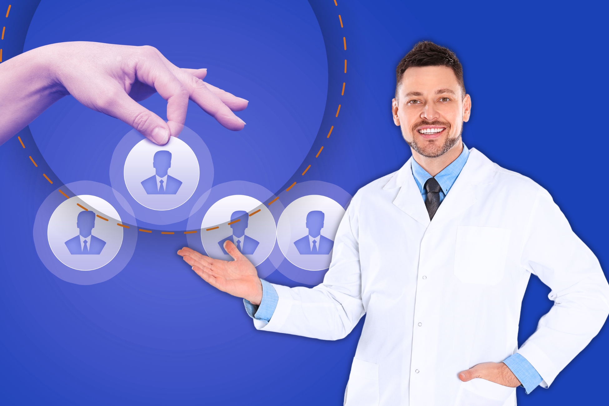 Bioquímico destacando gráficos circulares com ícones de perfil profissional. Uma mão grande no topo parece selecionar um dos perfis, assim, simbolizando a identificação do melhor Software de laboratório.