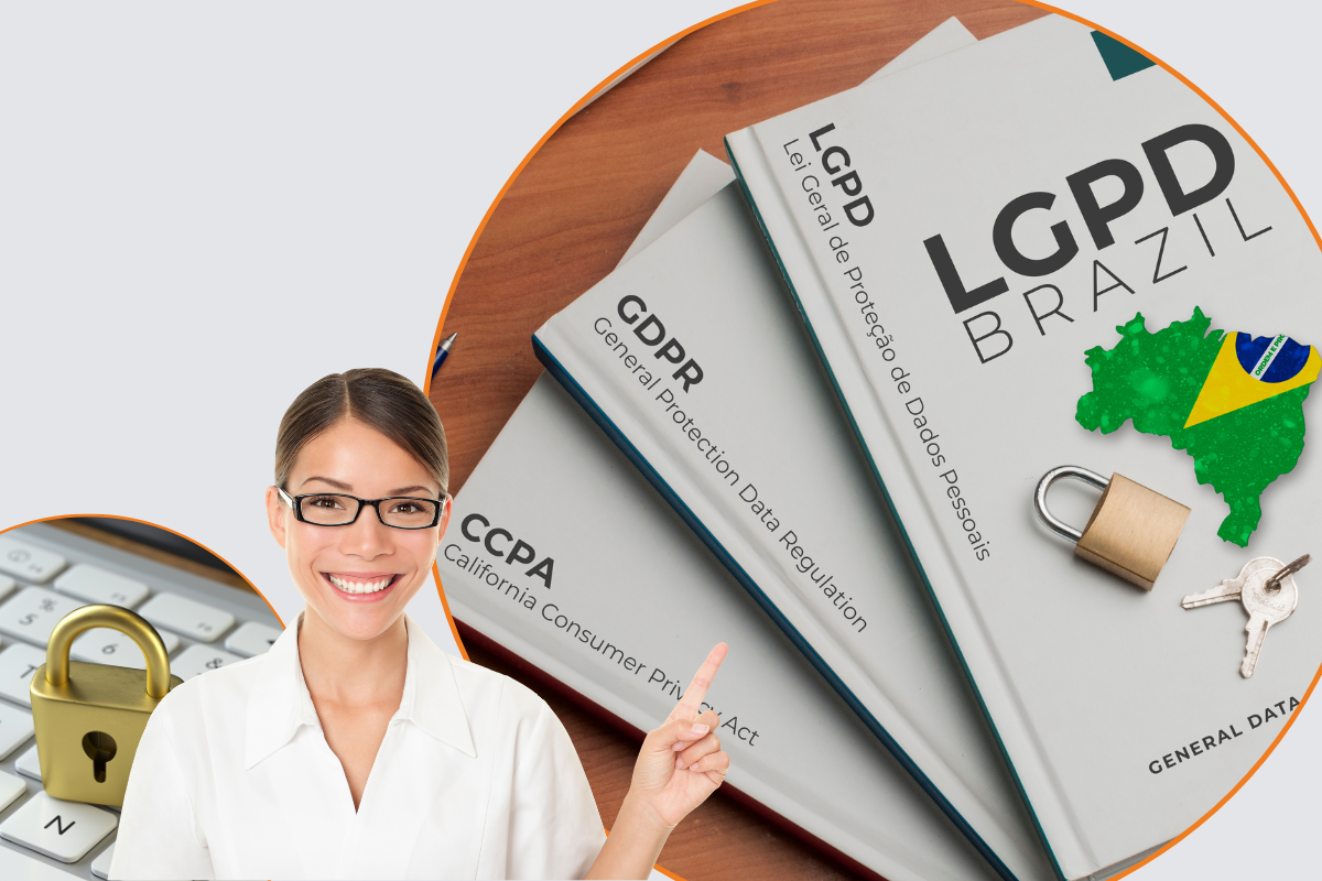Mulher sorridente usando óculos e camisa branca aponta para livros sobre LGPD em laboratórios de análises clínicas, com ícones de cadeado e mapa do Brasil.
