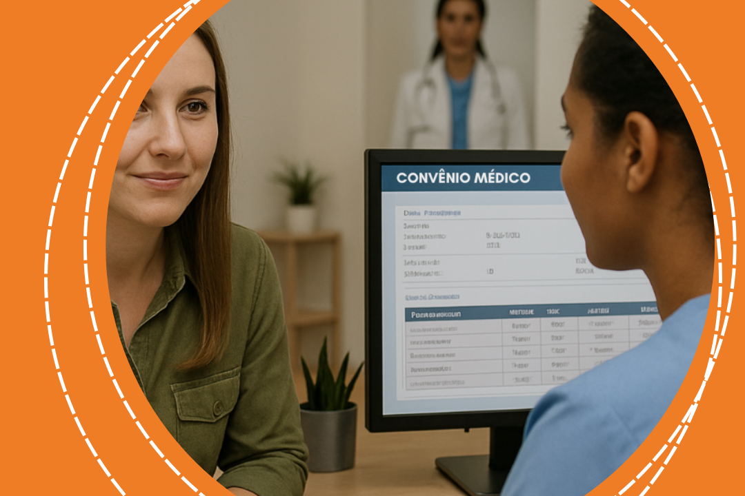 Atendente de laboratório consulta convênio médico no computador enquanto paciente aguarda atendimento, com médica ao fundo, simbolizando a integração de convênios médicos com o sistema laboratorial.