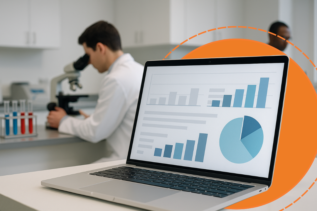 Laptop com gráficos de Business Intelligence em laboratórios em primeiro plano, com laboratório clínico e profissional ao fundo.