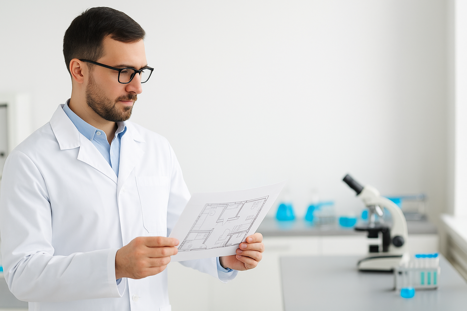 Profissional de laboratório analisando planta baixa em ambiente clínico moderno, representando como montar um laboratório.