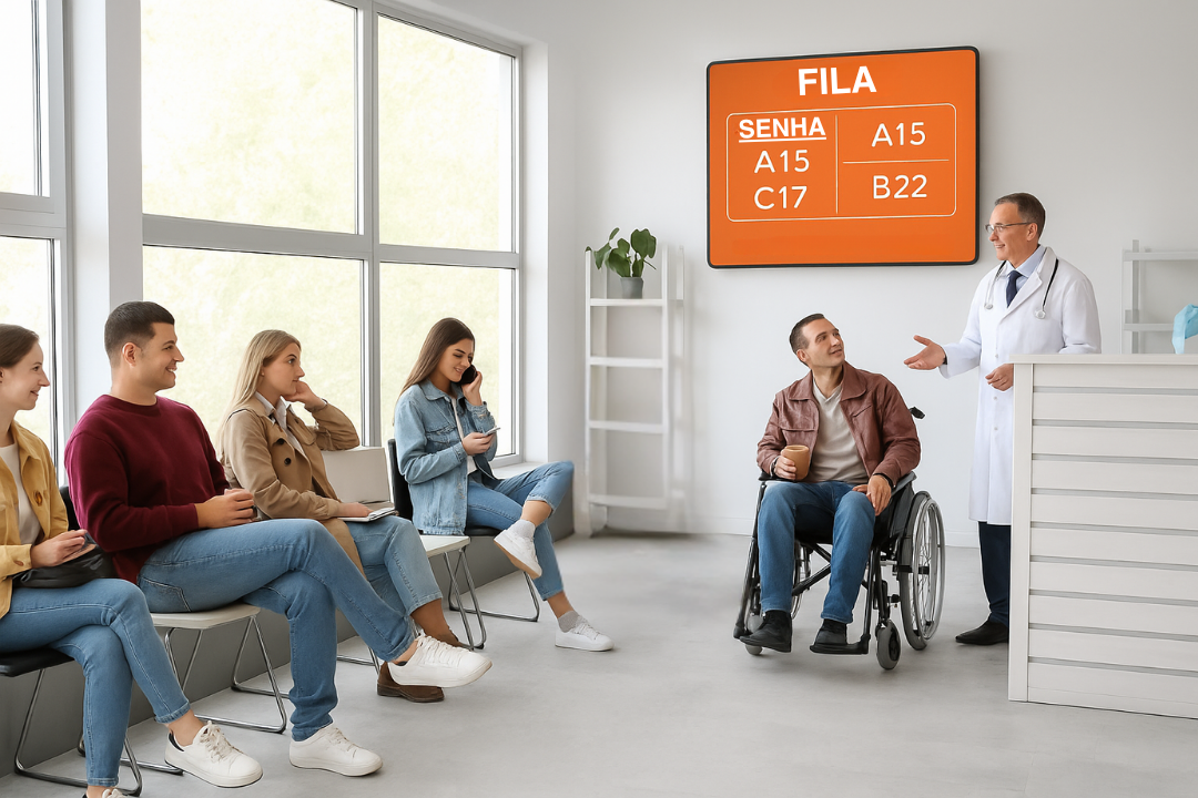 Pacientes aguardam atendimento em sala de espera com painel de gestão de filas em um laboratório clínico.