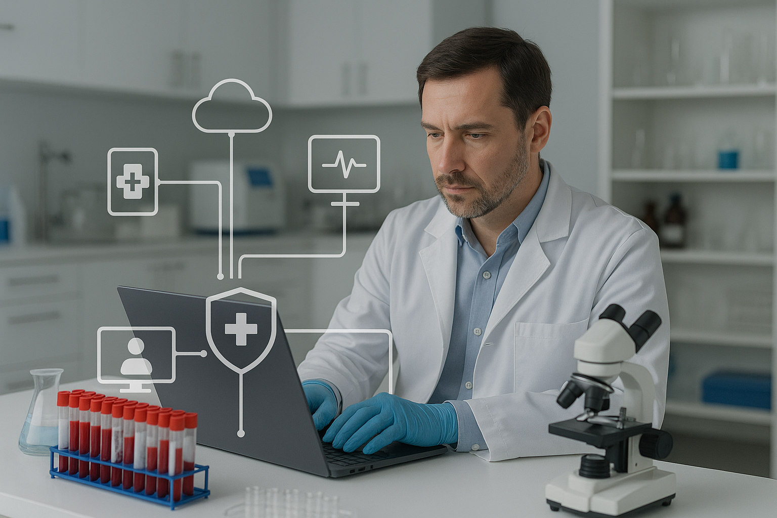 Profissional de laboratório utilizando notebook em ambiente clínico, com ícones digitais representando interoperabilidade na saúde.
