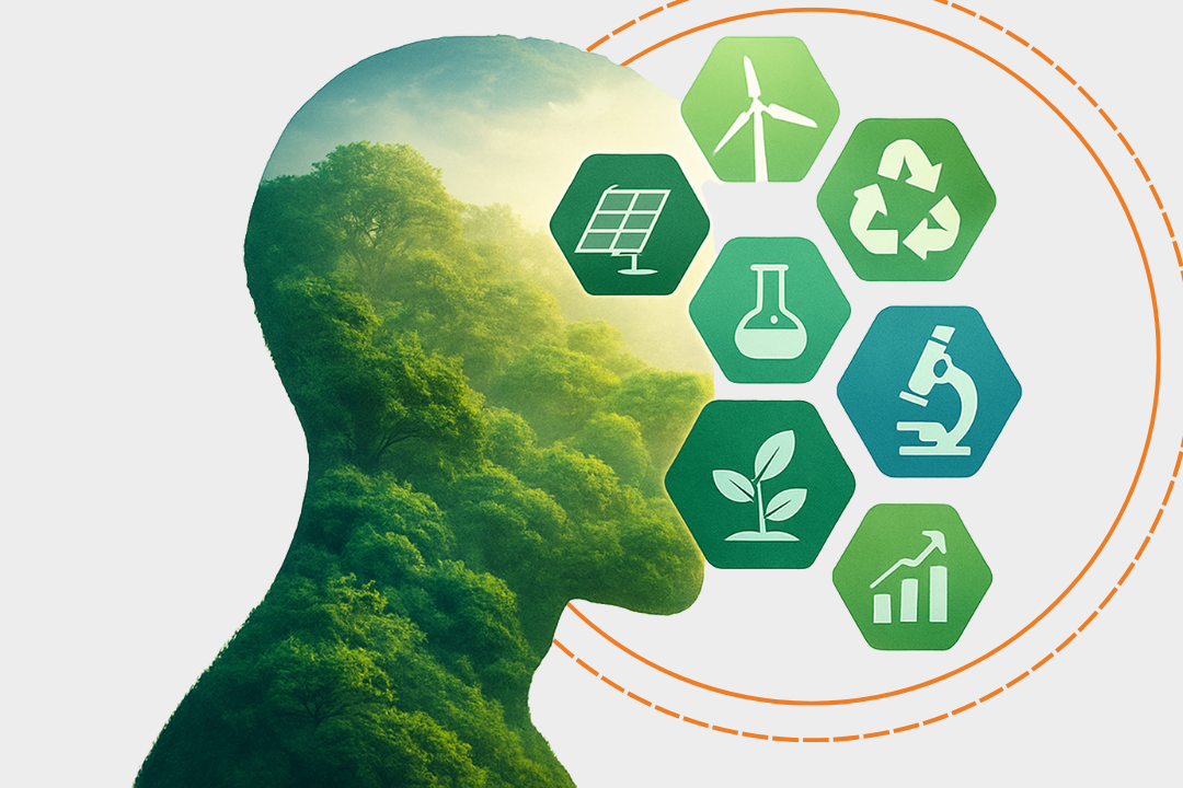 Silhueta de uma pessoa preenchida por floresta verde, ao lado de ícones sustentáveis relacionados a laboratórios clínicos, como microscópio, reciclável e energia solar, simbolizando o conceito de laboratório sustentável.